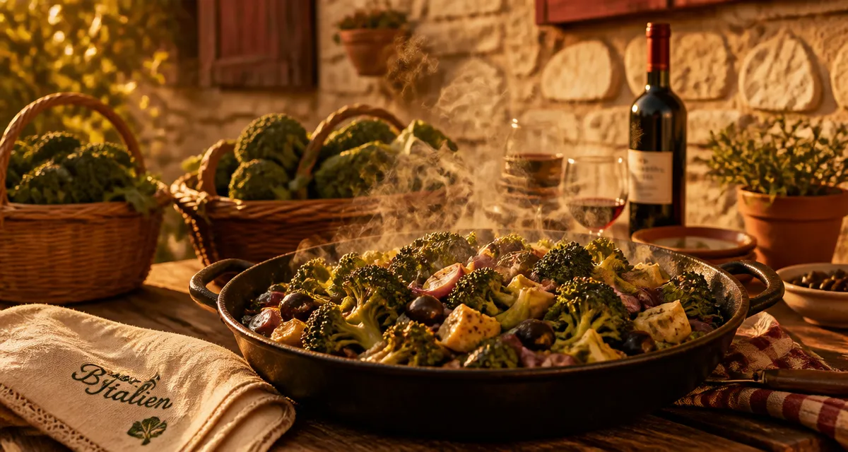 Plat de brocoli italien Vrocculi Affogati sur table rustique