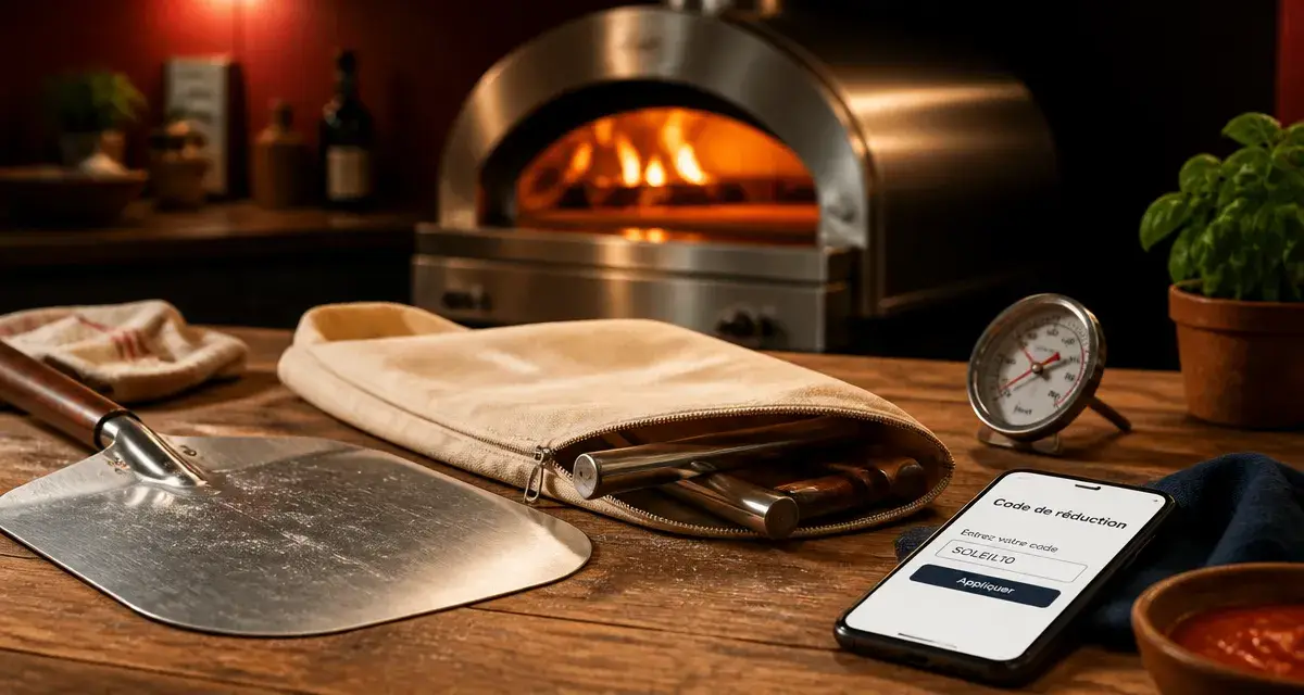 Code promo Ooni sur smartphone, accessoires pizza sur table