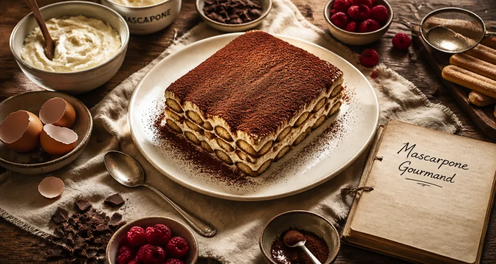 dessert mascarpone tiramisu sur table rustique