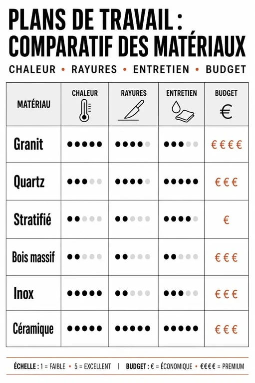 Tableau comparatif des matériaux pour plan de travail de cuisine : stratifié, granit, quartz, inox, bois, céramique, béton ciré et verre trempé.