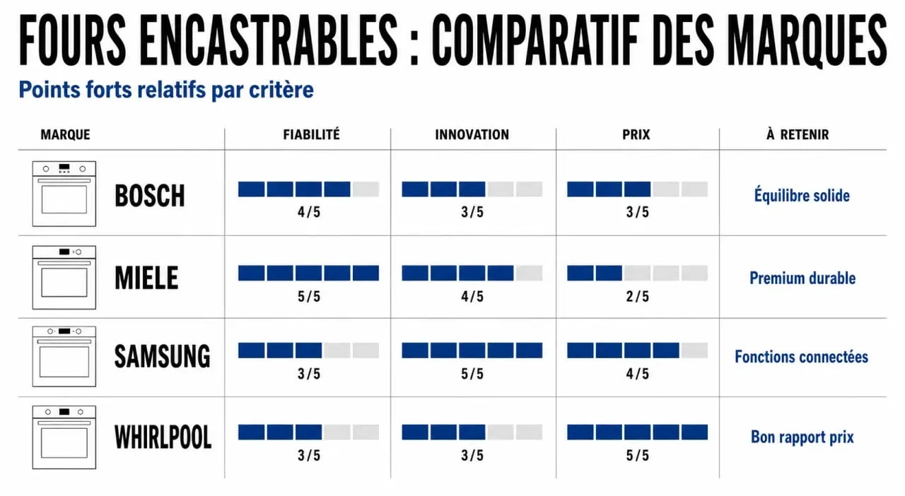 Infographie comparative des meilleures marques de fours encastrables : Bosch, Miele, Samsung et Whirlpool.