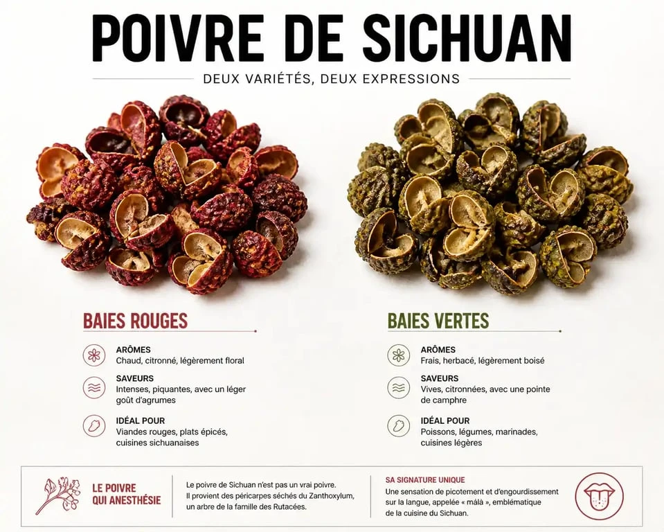 Comparaison visuelle entre le poivre de Sichuan rouge et le poivre de Sichuan vert pour identifier la qualité des baies.