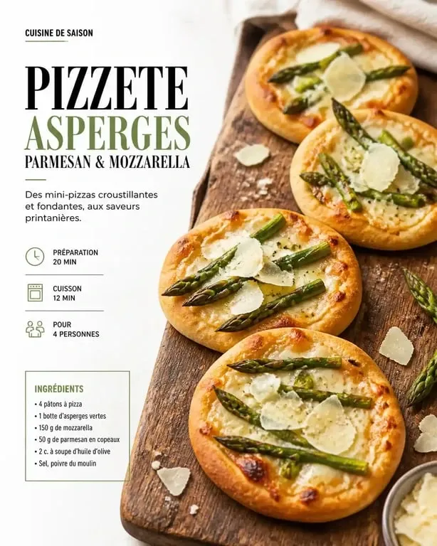 Pizzete aux asperges vertes et parmesan, une recette de mini-pizza gourmande et élégante