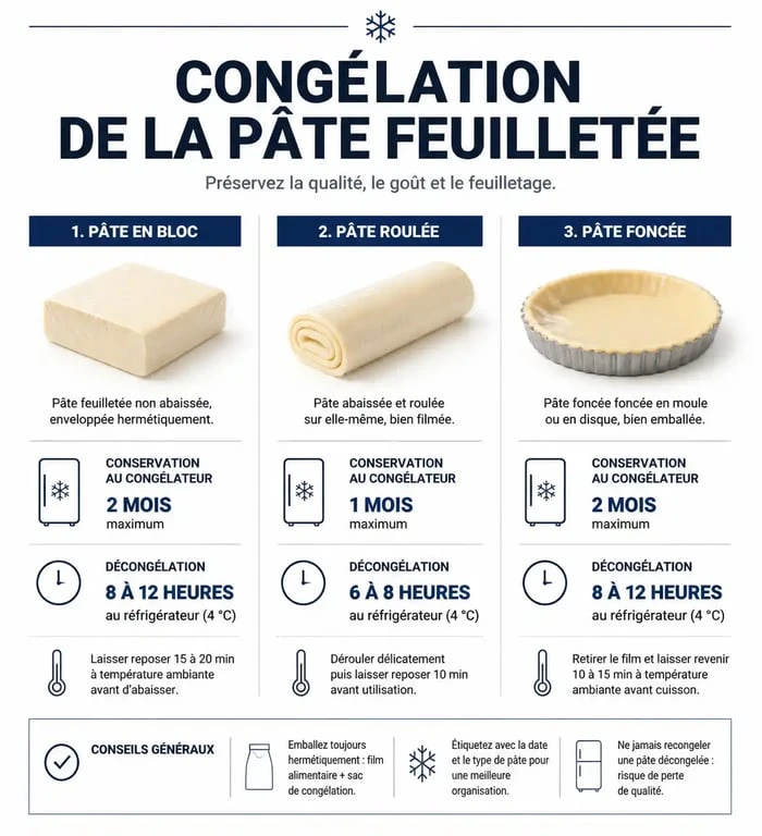 Infographie récapitulative des méthodes pour congeler la pâte feuilletée maison ou industrielle