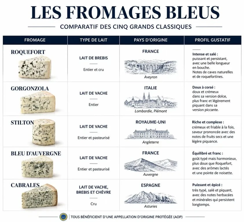 Infographie comparative des variétés de fromage bleu : Roquefort, Gorgonzola, Stilton, Bleu d'Auvergne et Cabrales.