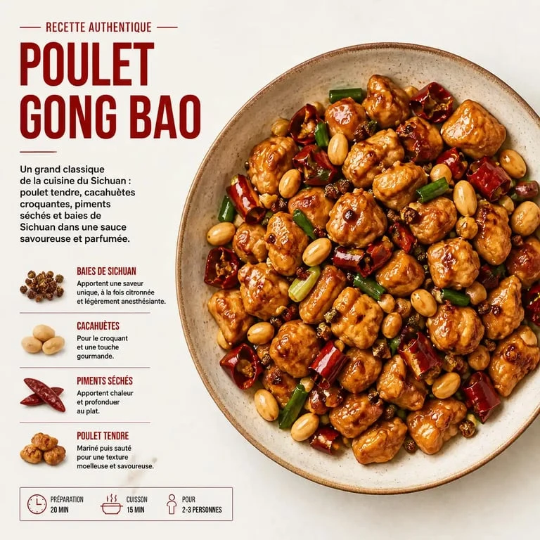 Plat de poulet Gong Bao authentique préparé avec des baies de sichuan
