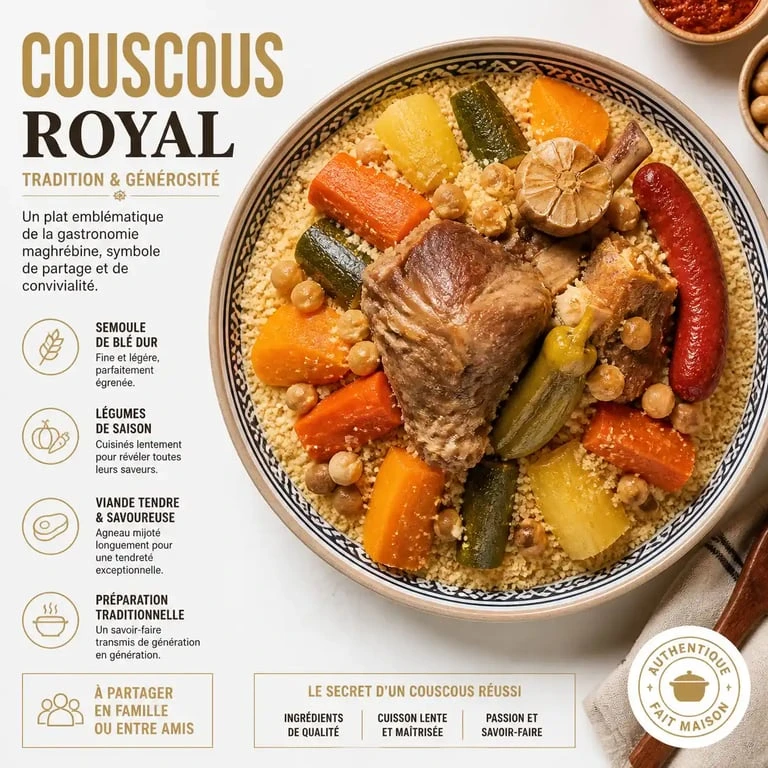 Assiette de couscous royal avec semoule de blé dur pour illustrer la quantité de semoule par personne