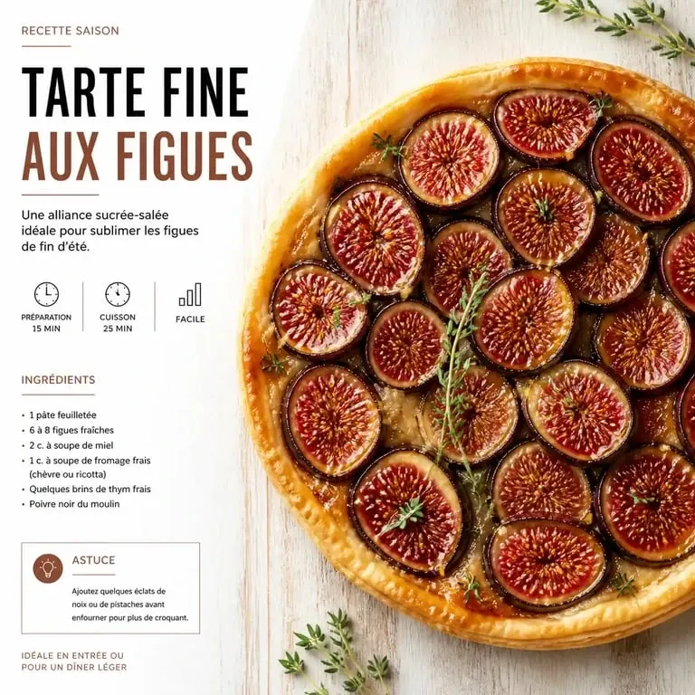 Tarte fine aux figues congelées caramélisées au miel et thym frais