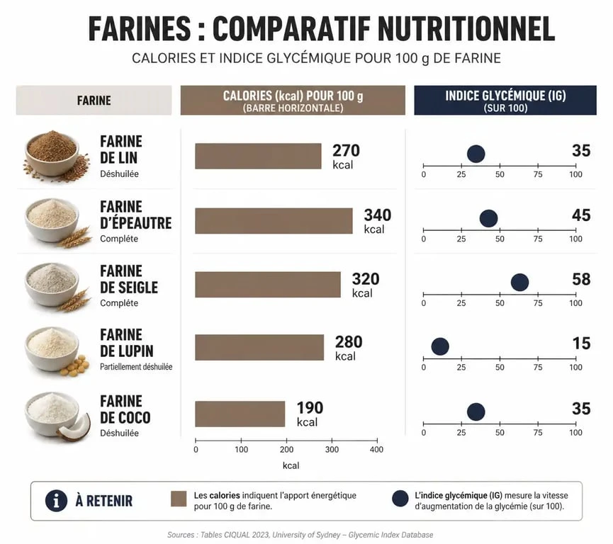 Tableau comparatif des calories et de l'indice glycémique des farines pour choisir la farine la moins calorique