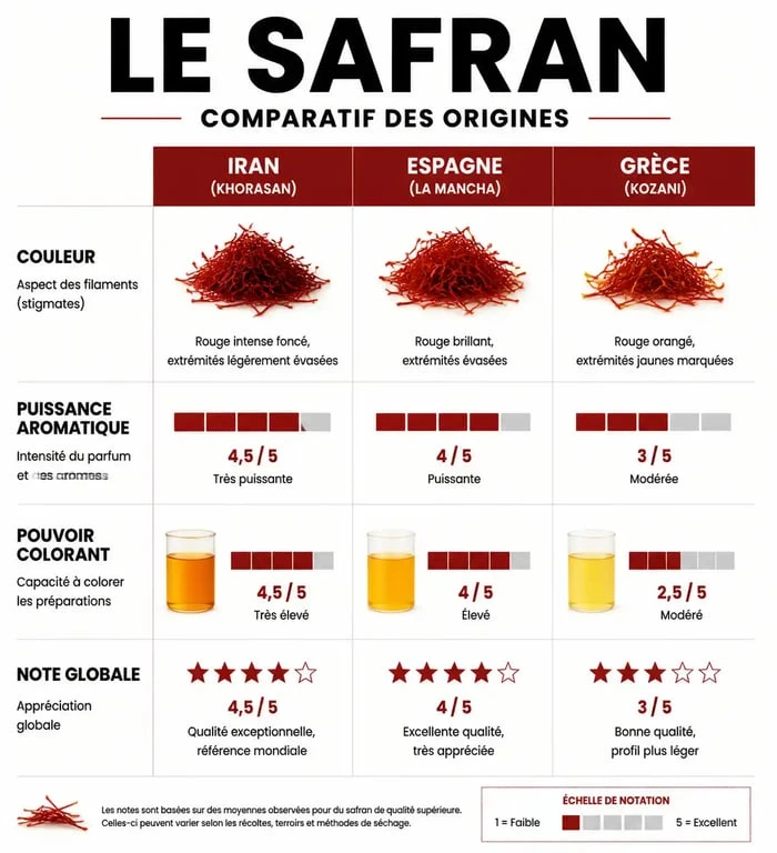 Comparatif des qualités et caractéristiques du safran d'Iran, d'Espagne et de Grèce