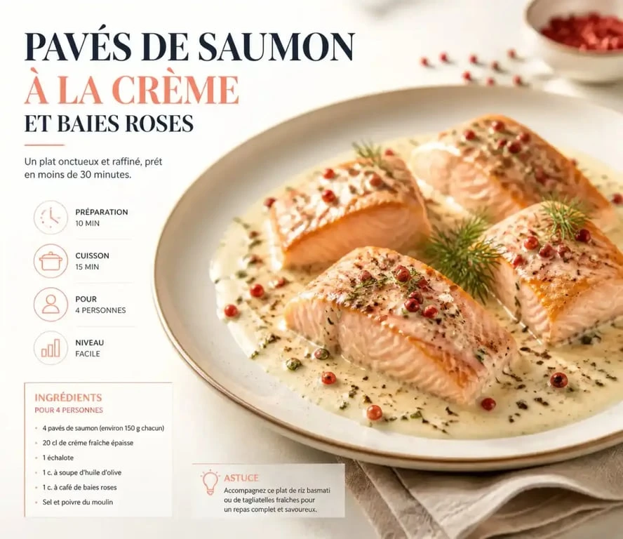 Pavés de saumon à la crème de baies roses, une recette raffinée et parfumée