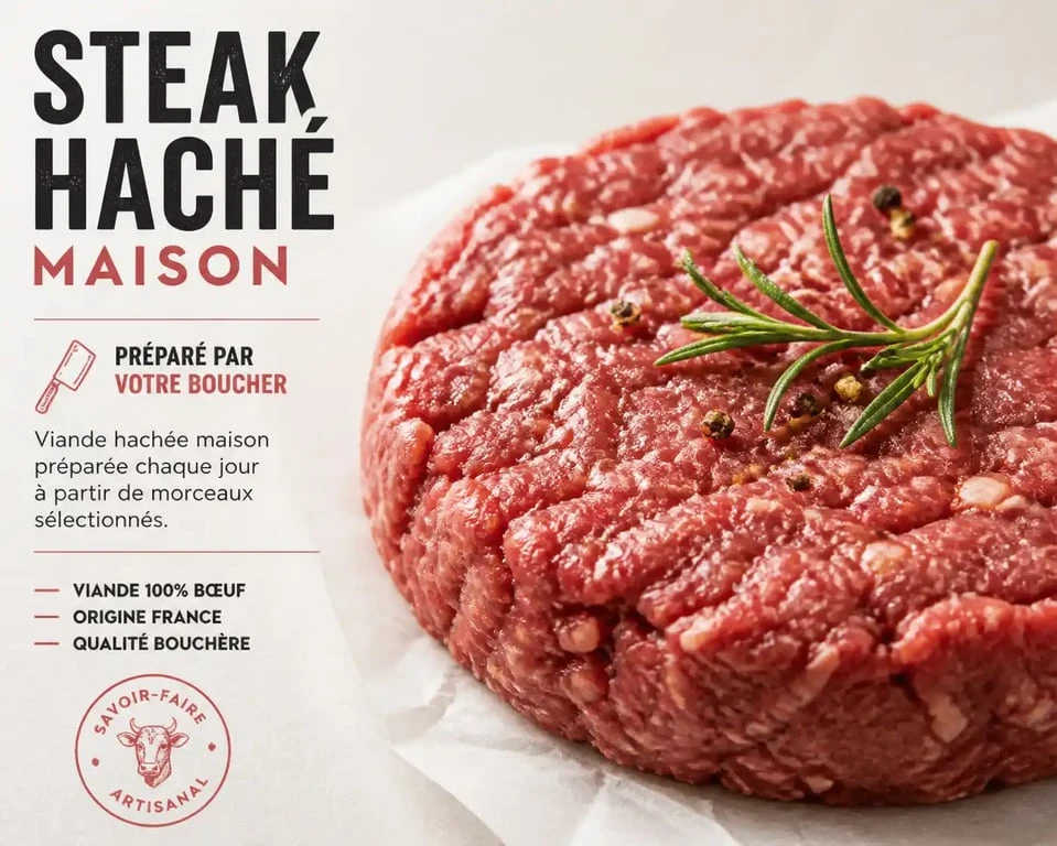 Steak haché maison préparé à partir de viande hachée manuellement pour une qualité optimale