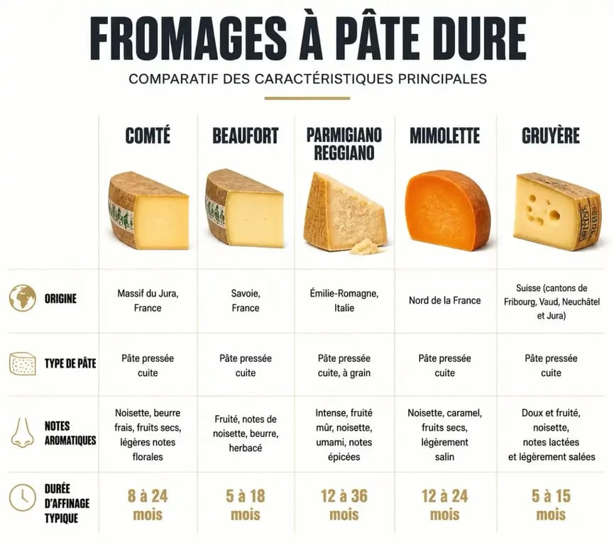Infographie comparative des fromages à pâte dure : Comté, Beaufort, Parmesan, Mimolette et Gruyère