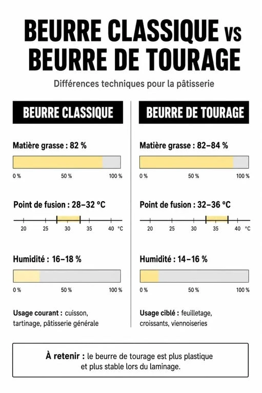 Tableau comparatif des caractéristiques techniques du beurre de tourage par rapport au beurre classique pour la pâtisserie