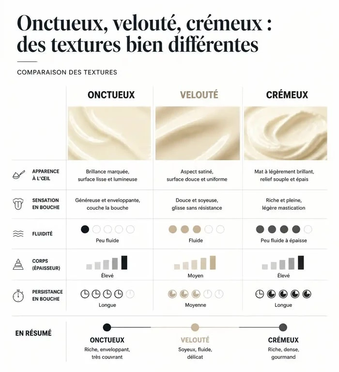 Infographie comparative des textures : onctuosité, velouté et crémeux pour comprendre la définition de l'onctuosité.
