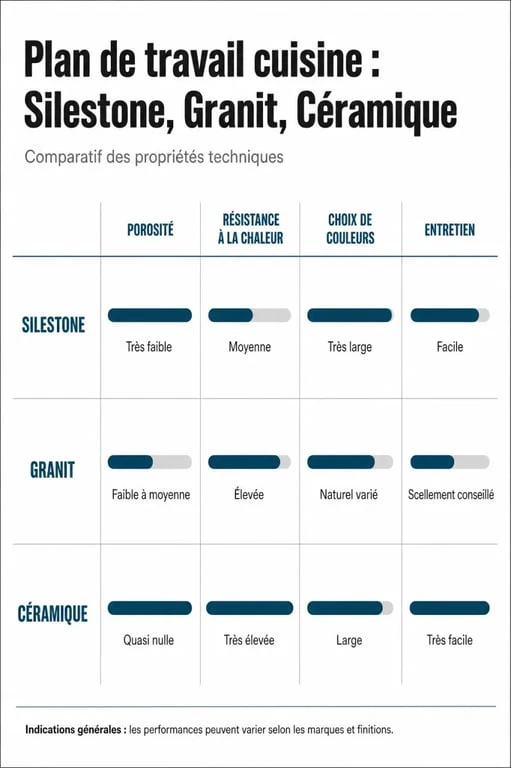 Comparatif des matériaux pour plan de travail Silestone, granit et céramique