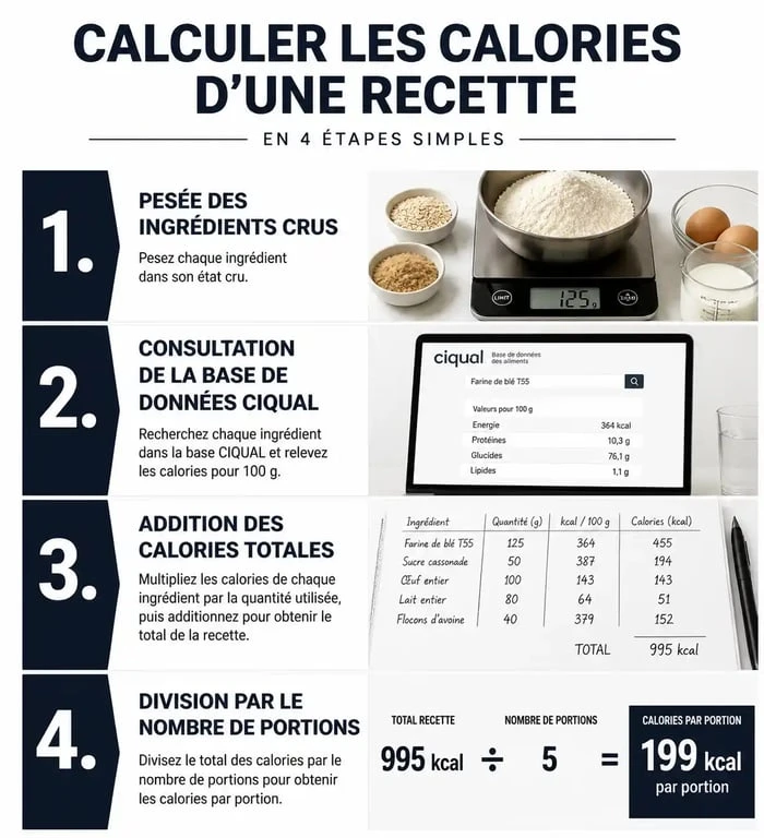 Infographie illustrant la méthode pour calculer les calories d'une recette maison étape par étape