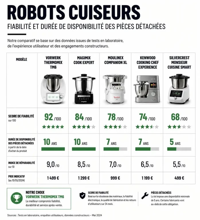Infographie comparative des meilleurs robots cuiseurs selon les critères de fiabilité et durabilité