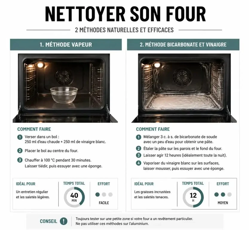 Infographie comparant les méthodes de nettoyage de four au vinaigre blanc et bicarbonate