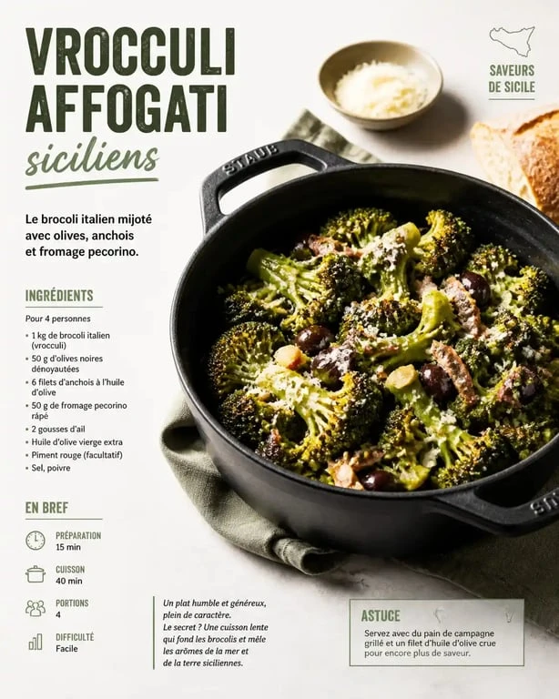 Plat traditionnel de Vrocculi Affogati, recette de brocoli italien mijoté à la sicilienne