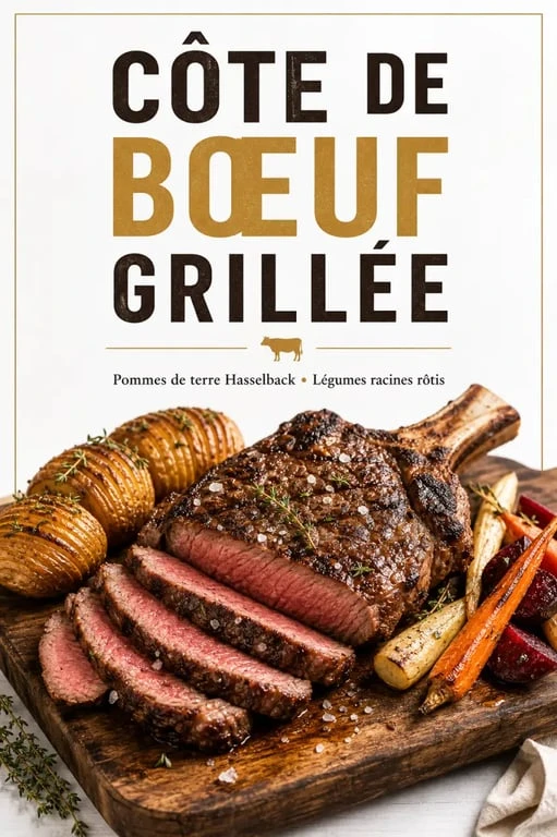 Côte de bœuf grillée accompagnée de pommes de terre Hasselback et légumes rôtis pour un repas convivial
