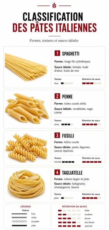 Infographie des différents types de pâtes et leurs accords avec les sauces