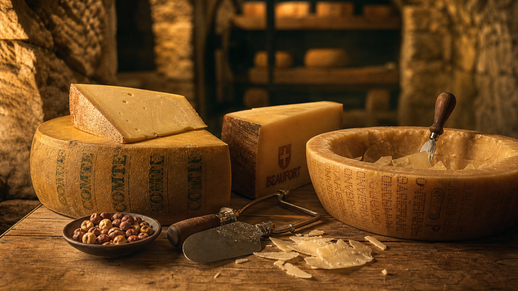 Fromage pate dure : meules Comté, Beaufort et Parmigiano, cave d’affinage