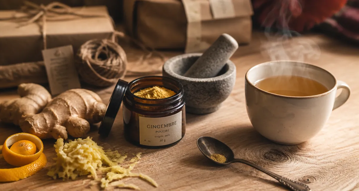 Gingembre en poudre sur table bois : pot en verre, mortier et racine fraîche, cuisson sans amertume