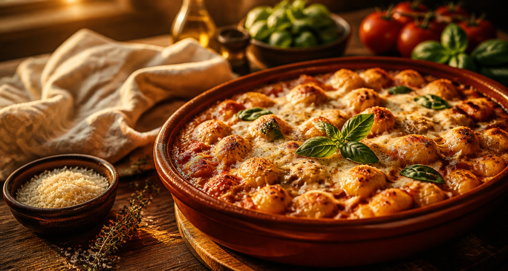 Gnocchi et accompagnement gratinés au fromage