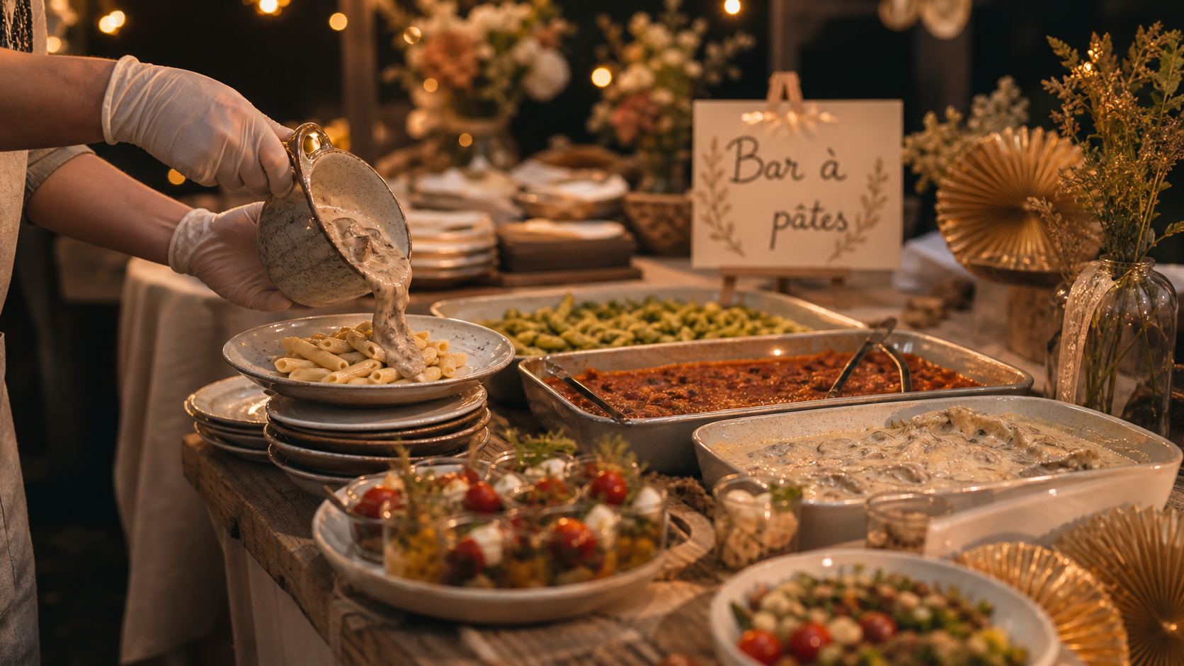 Idée repas mariage simple pas cher : buffet champêtre bar à pâtes, golden hour