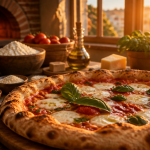 ingredient pizza artisanale sur table en bois