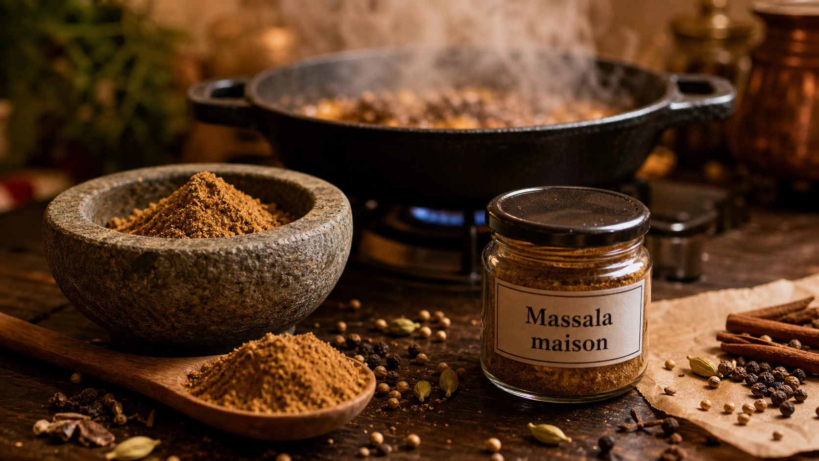 Massala maison : mélange d’épices (cumin, coriandre, poivre, cannelle)