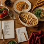 Table dressée menu famille semaine avec plats maison