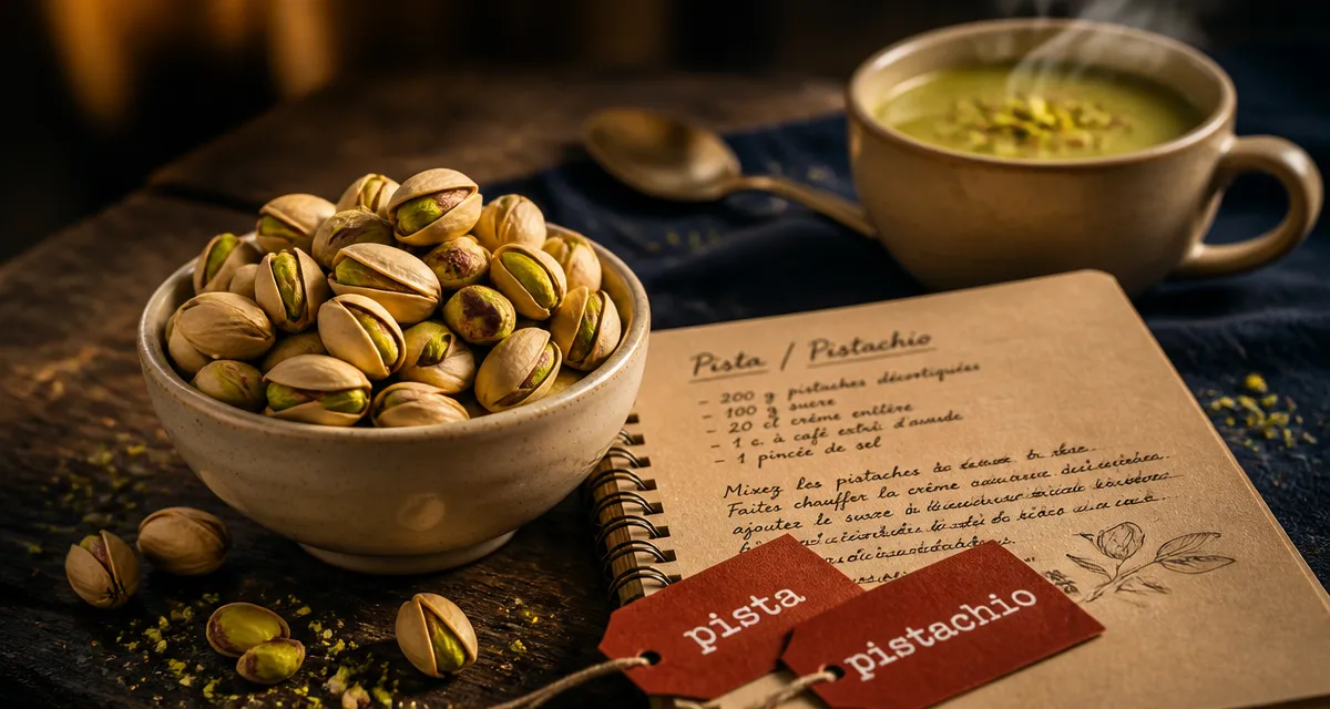 pista and pistachio : bol de pistaches vertes sur table en bois