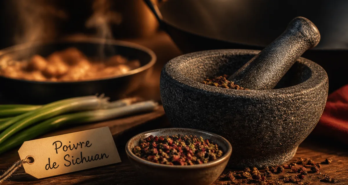 schezwan pepper, baies de poivre de Sichuan en mortier