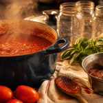 Sauce tomate maison grand-mère rouge en cocotte, bocaux prêts