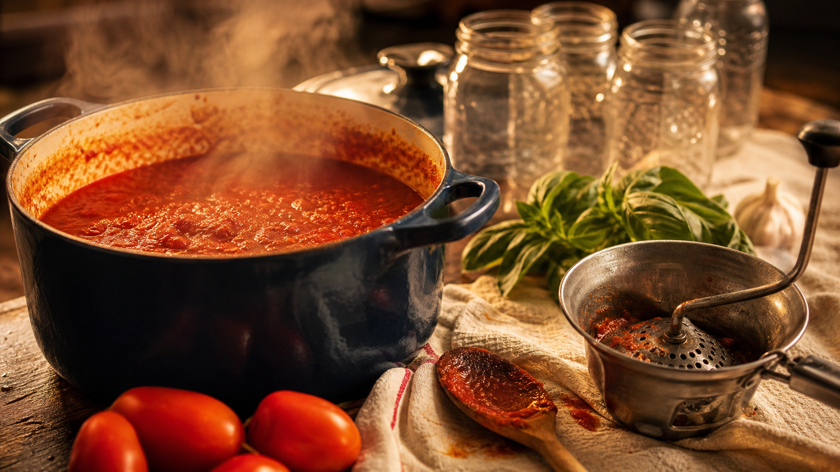Sauce tomate maison grand-mère rouge en cocotte, bocaux prêts