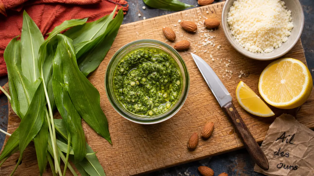 Ail des ours en cuisine : pesto vert aux amandes et feuilles fraîches
