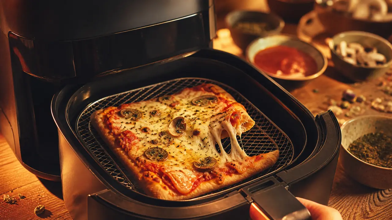 Air fryer pizza croustillante, mozzarella fondue