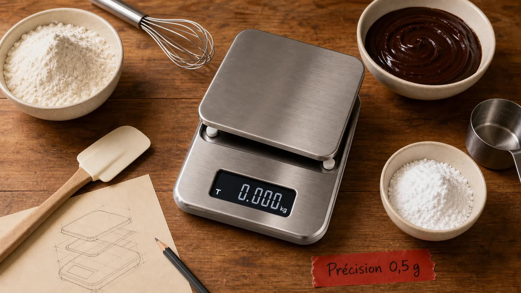 Balance de cuisine professionnelle 12 kg, précision 0,5 g, inox en cuisine pro