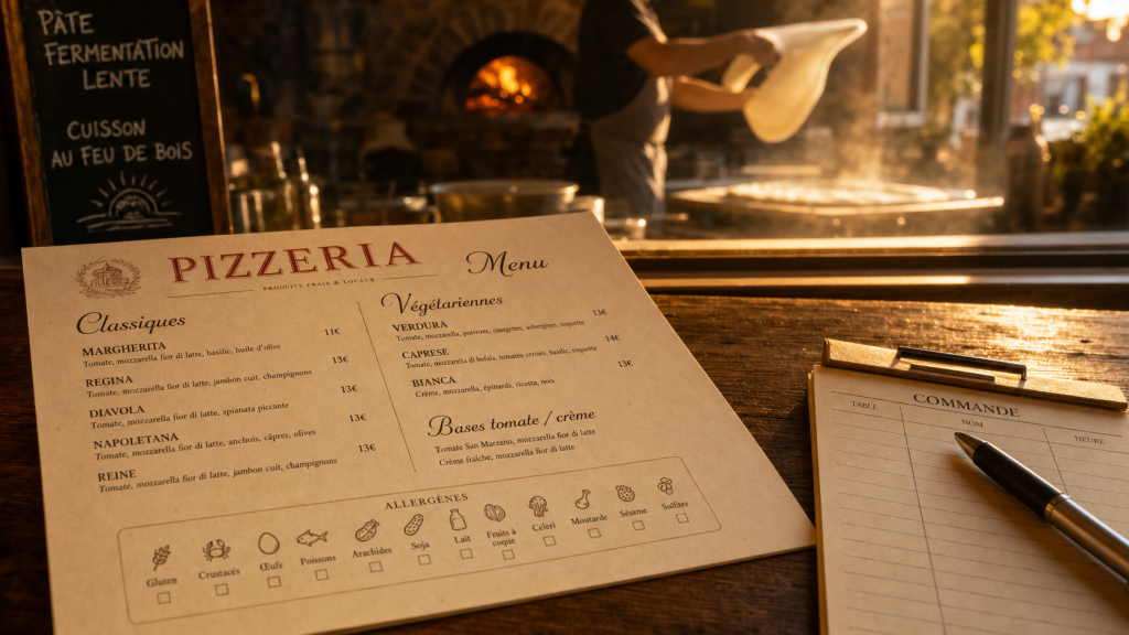 Carte pizzeria avec menus et cases allergènes à vérifier avant de commander