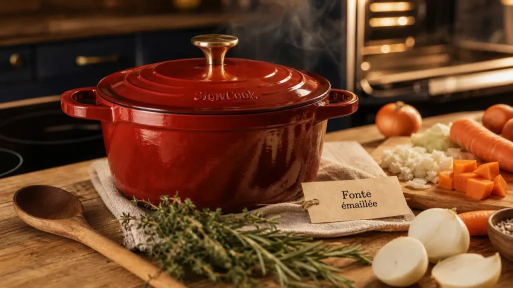 cocotte pyrex fonte rouge sur induction, porte du four entrouverte