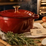 cocotte pyrex fonte rouge sur induction, porte du four entrouverte