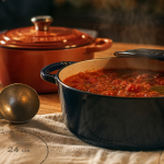 Cocotte Staub Le Creuset 24 cm, émail clair et picots, vue trois-quarts.