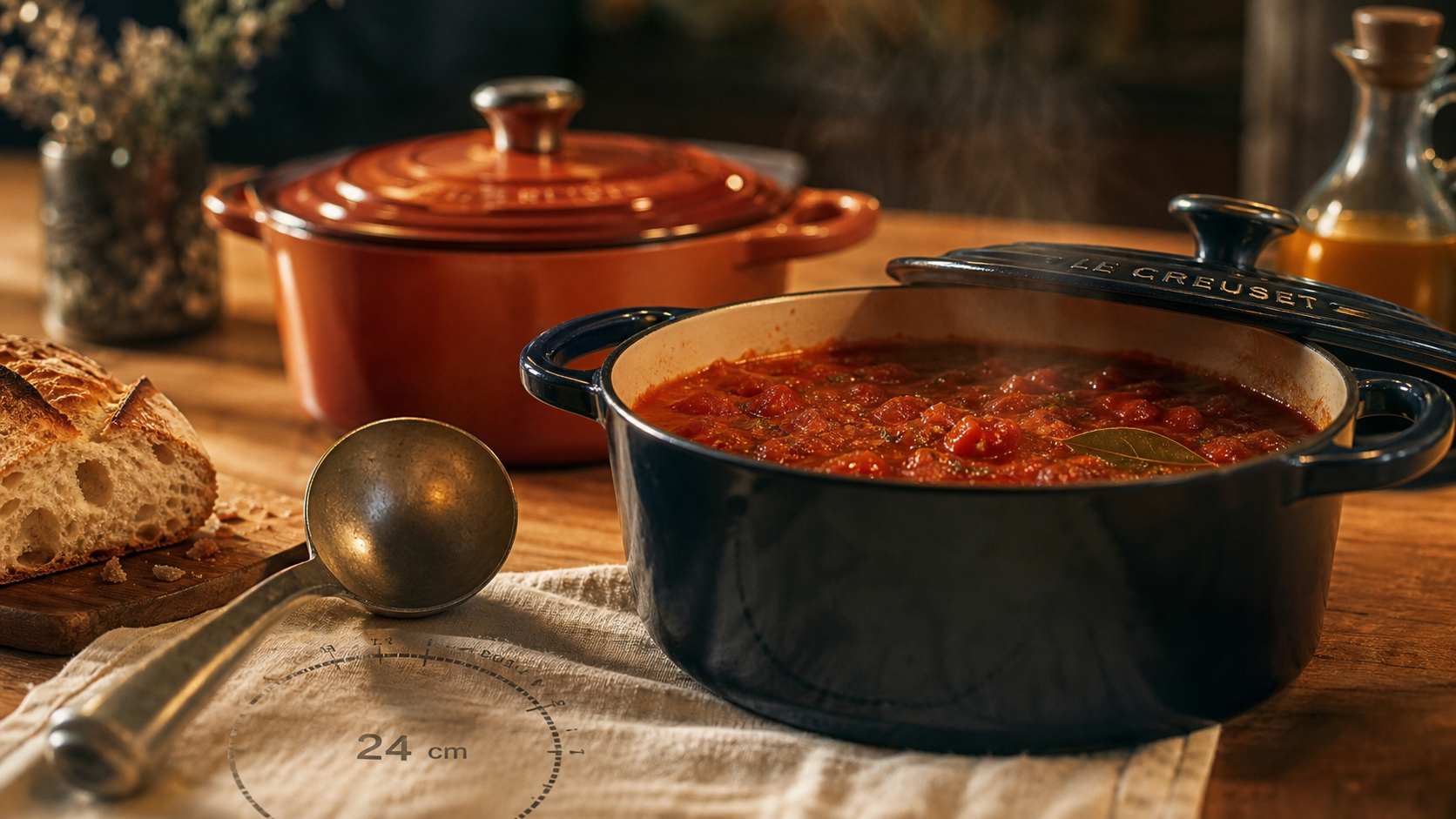 Cocotte Staub Le Creuset 24 cm, émail clair et picots, vue trois-quarts.