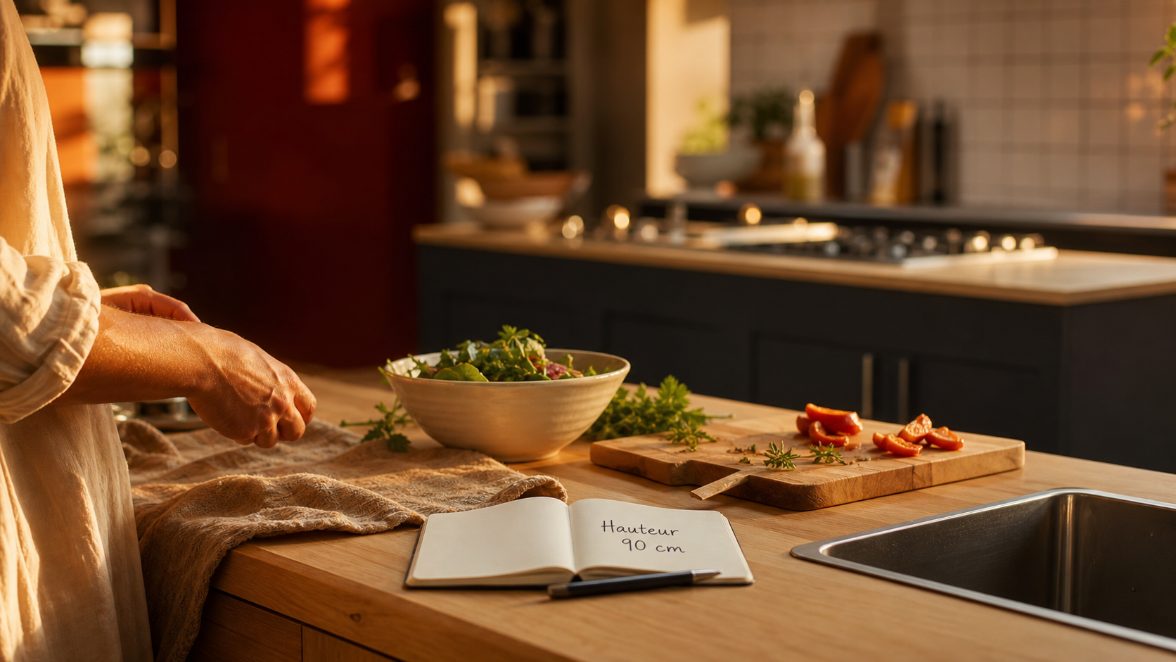 Cuisine hauteur plan de travail 90 cm, plan de travail et évier