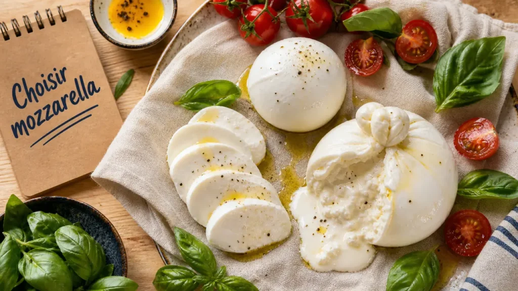 Différence entre mozzarella et burrata : mozzarella, mozzarella di bufala et burrata sur table en bois avec tomates et basilic