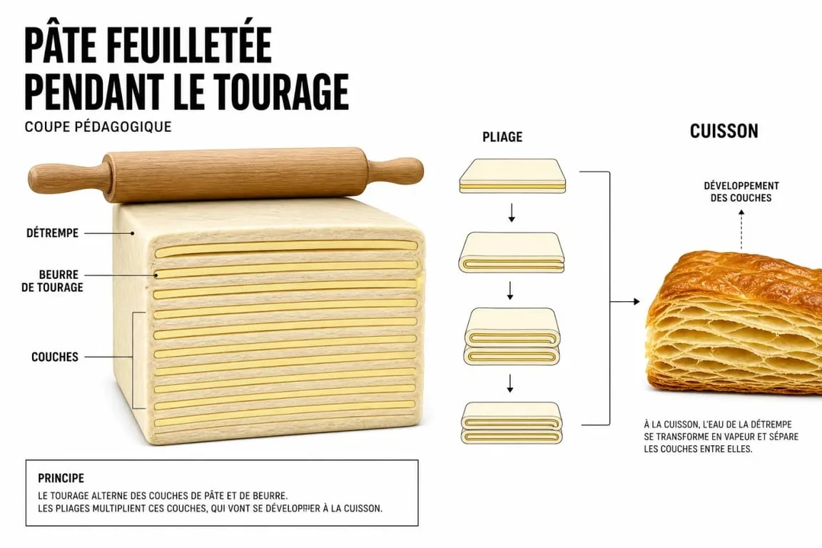 Schéma du beurre pour pate feuilletée montrant les couches de pâte et de beurre pendant le tourage