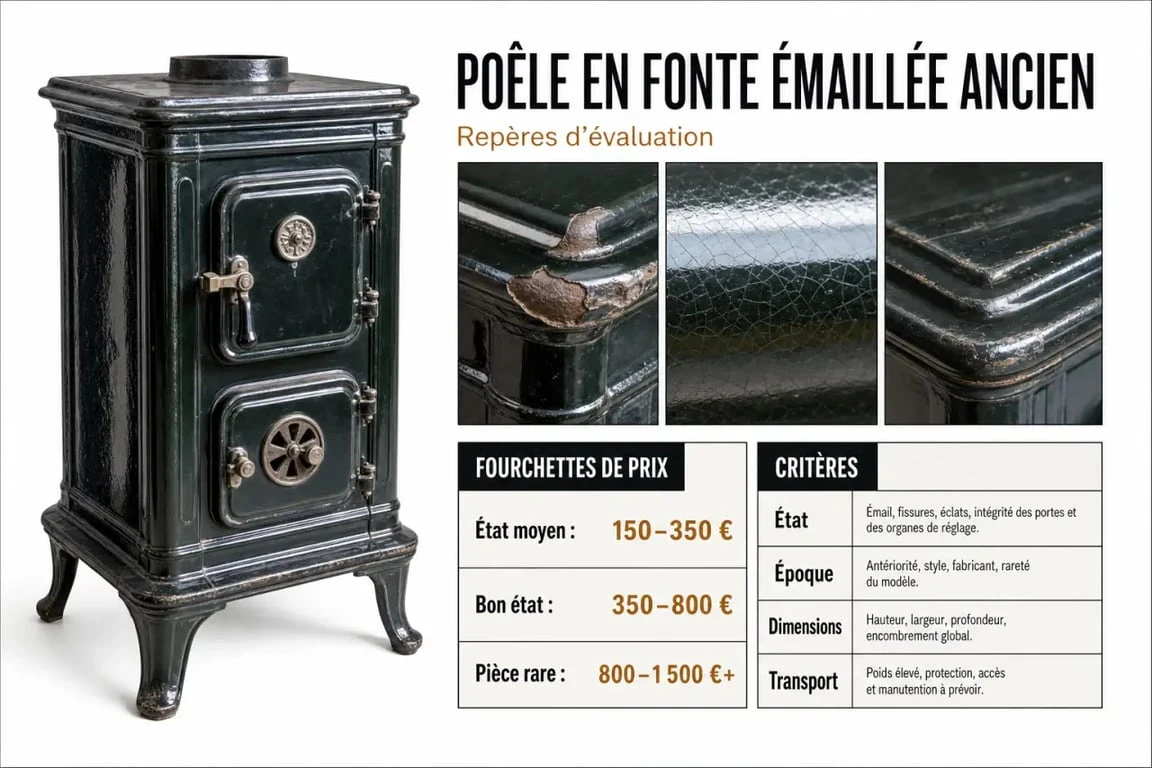 Poele fonte emaillee ancien : critères d’authenticité, état de l’émail et fourchettes de prix