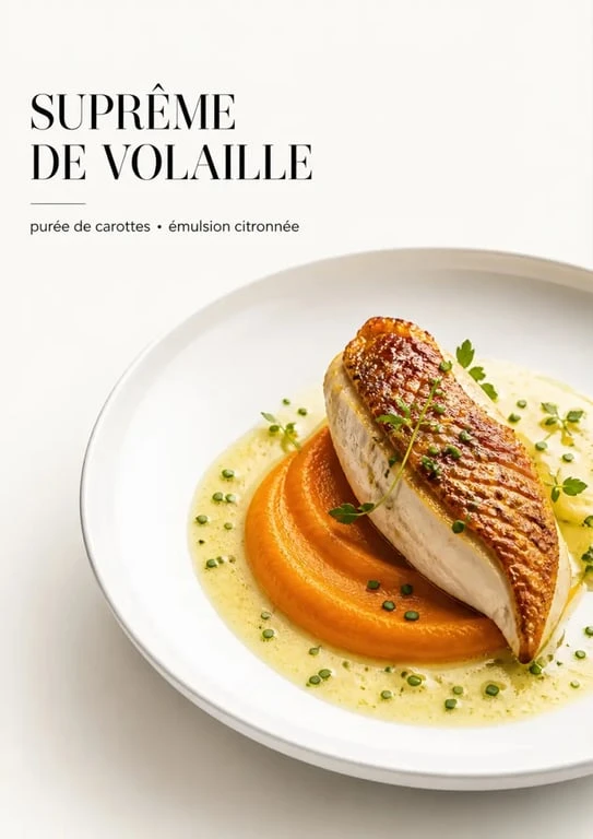 Recette de chef : suprême de volaille, purée de carottes et émulsion citronnée dressés sur assiette